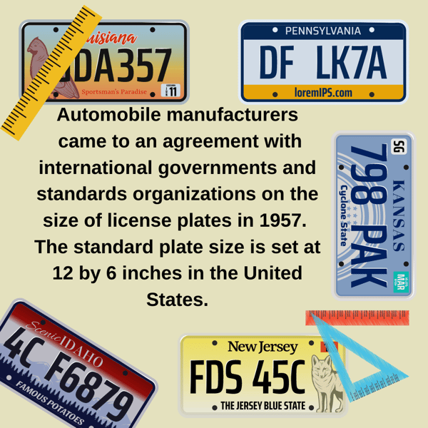 1957 – The Standard Size Is Set Automobile manufacturers come to an agreement with international governments and standards organizations on the size of license plates. The standard plate size is set at