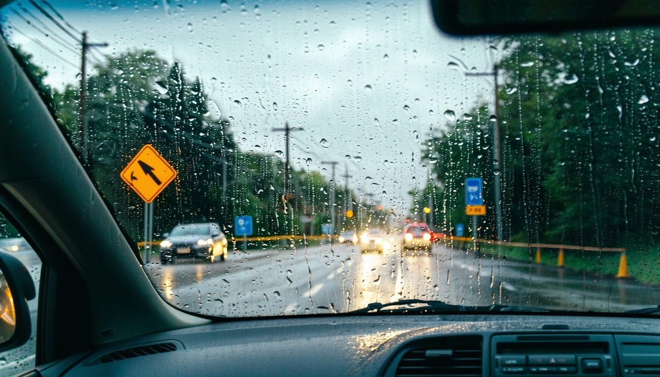 A rainy New Jersey street is depicted with droplets cascading down the windshield of a car The scene captures gray clouds hanging low casting a muted light over the surroundings Puddles form on the road reflecting the surrounding trees and the soft g-1