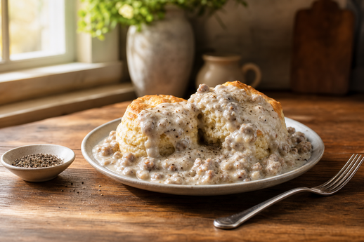 Buttermilk Biscuits with Sausage Gravy at Breakfast Table