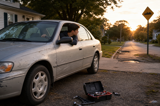 Teen Driver and Worn Family Sedan at Dusk