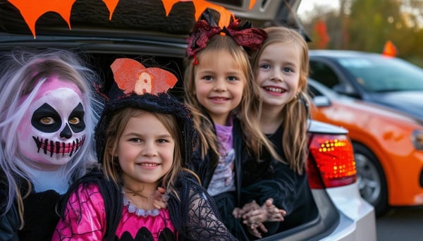 trunk or treat halloween party kids dressed up in costumes and scary and fun decorated cars-1