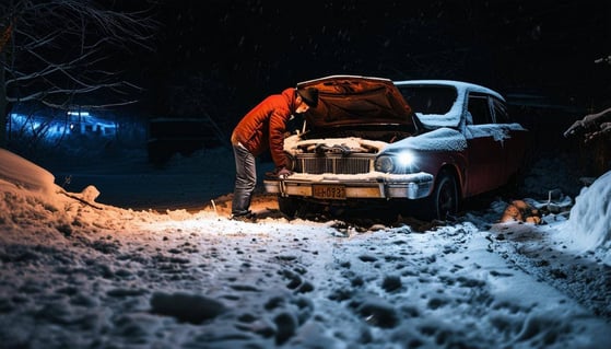 use a night winter scene and have a brokendown car and with the hood up and man looking under it with flashlight-2