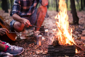 Closeup portrait of a couple fried sausages on bonfire in the forest