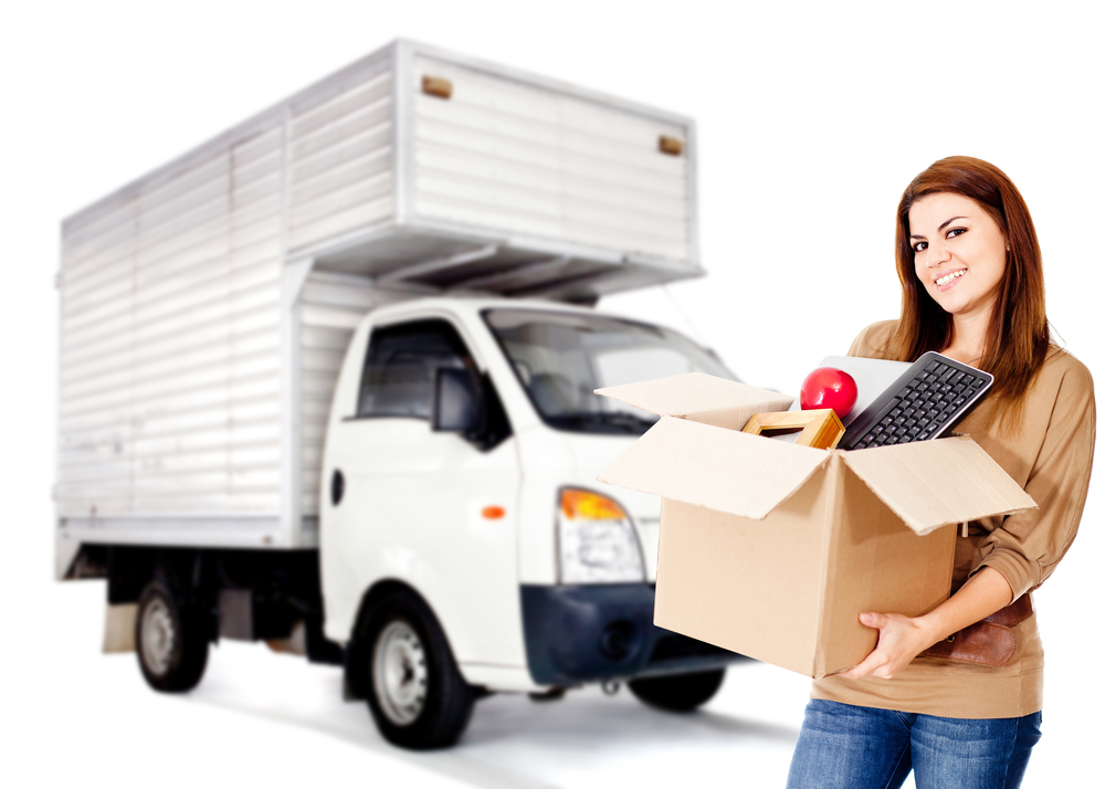 Woman changing house and hiring a moving service - isolated