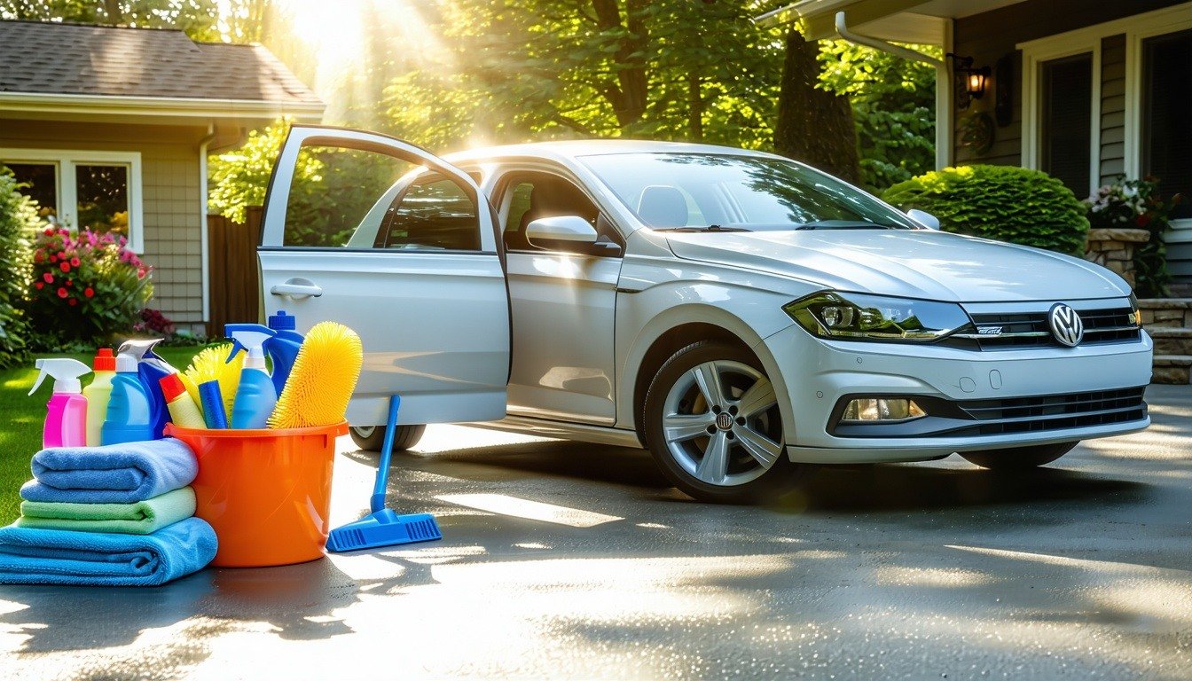 car with exterior and interior cleaning supplies