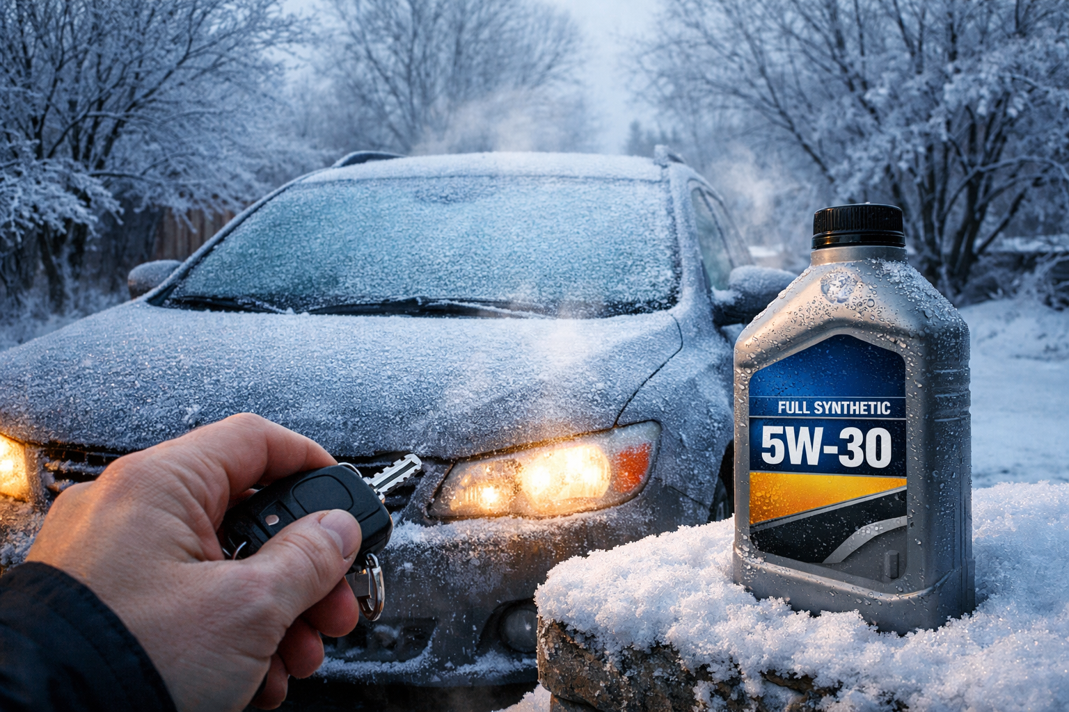 an icy car someone holding a key and a bottle of motor oil 