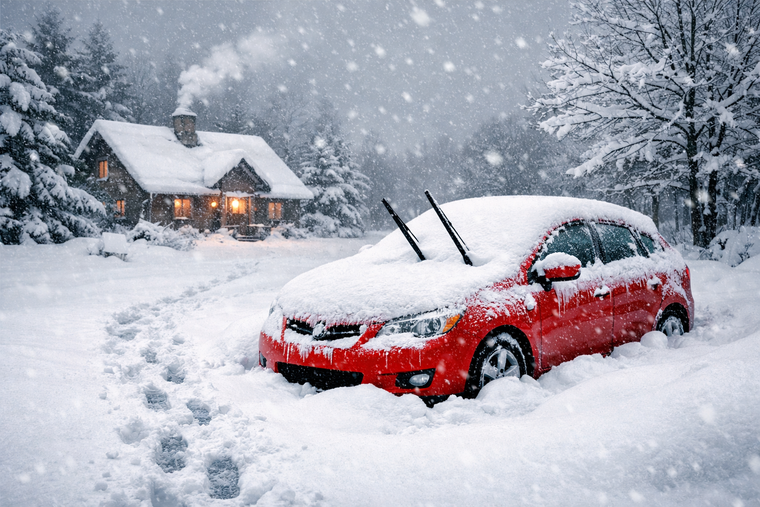 snow covered red car 