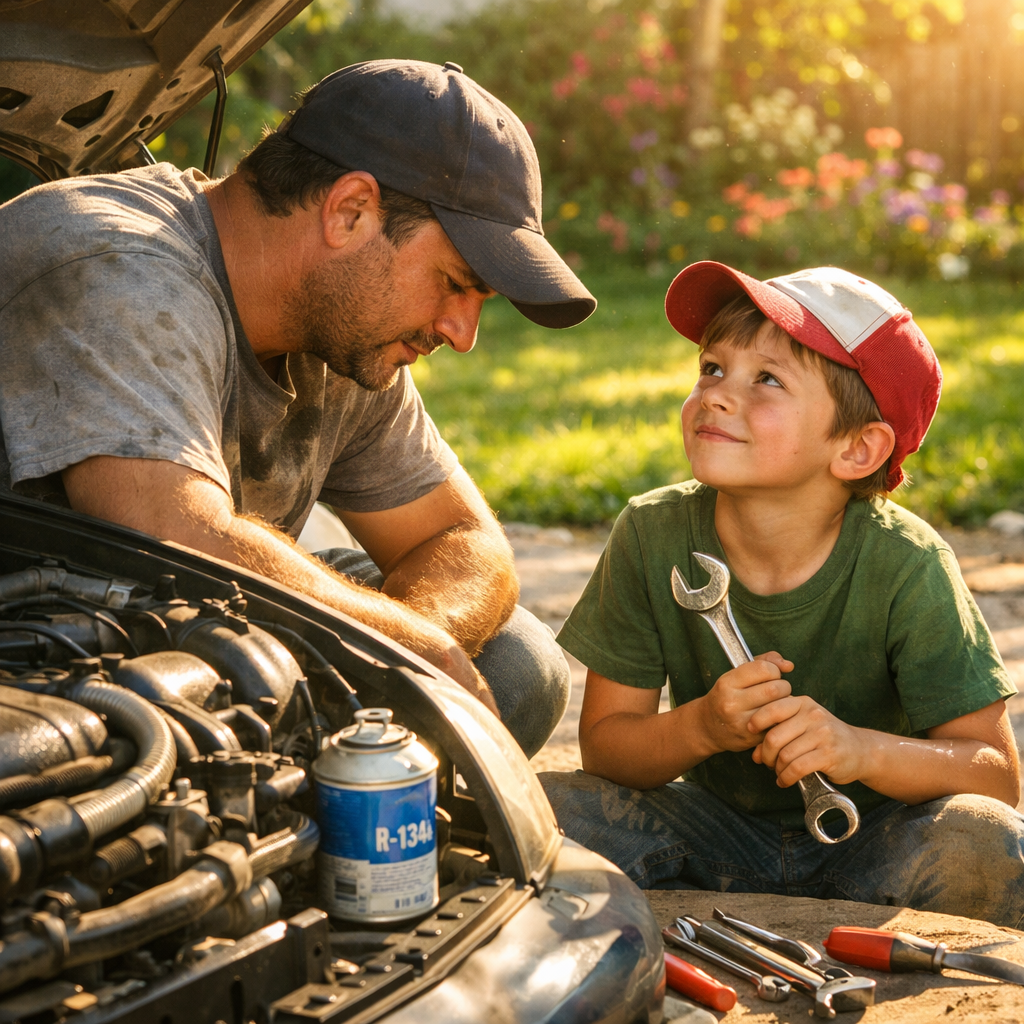 dad and son working on car