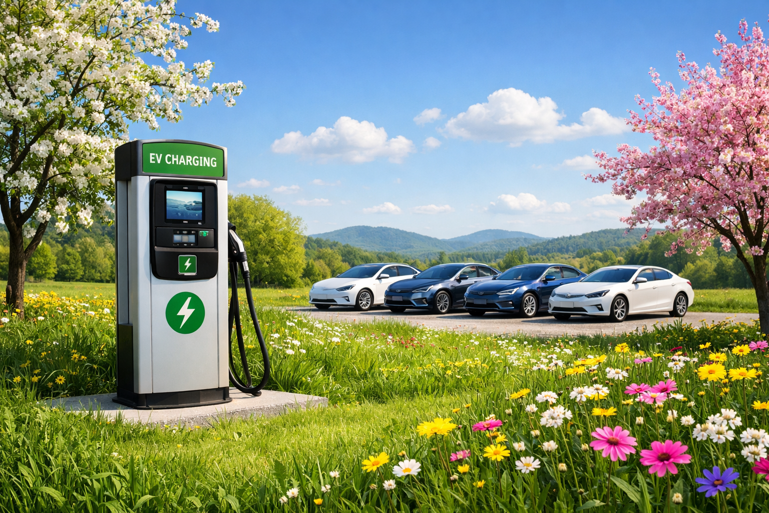 Electric Vehicles parked in the distance with an EV charging station in the foreground