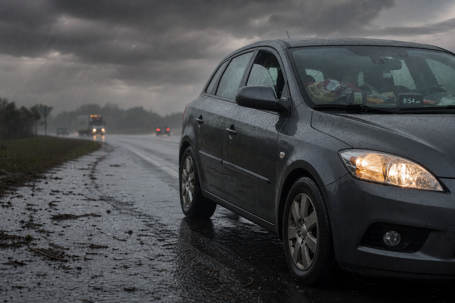car with bald tires traveling on a rainy road