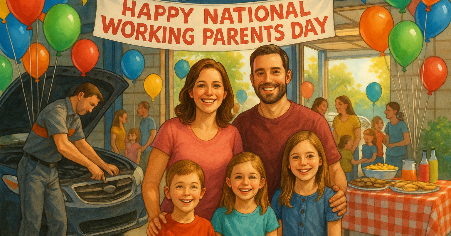 family at Deboer's shop with sign for national working parents day