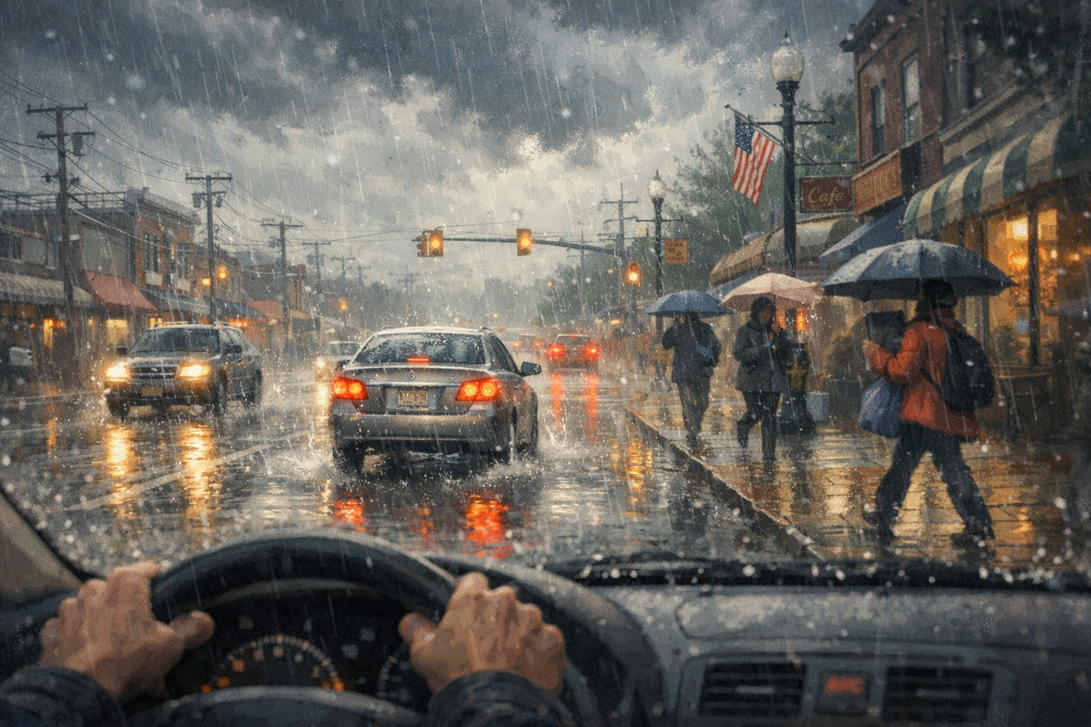 rainy day drive busy small town 