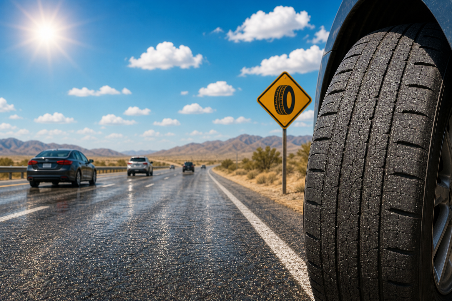 tire on hot pavement