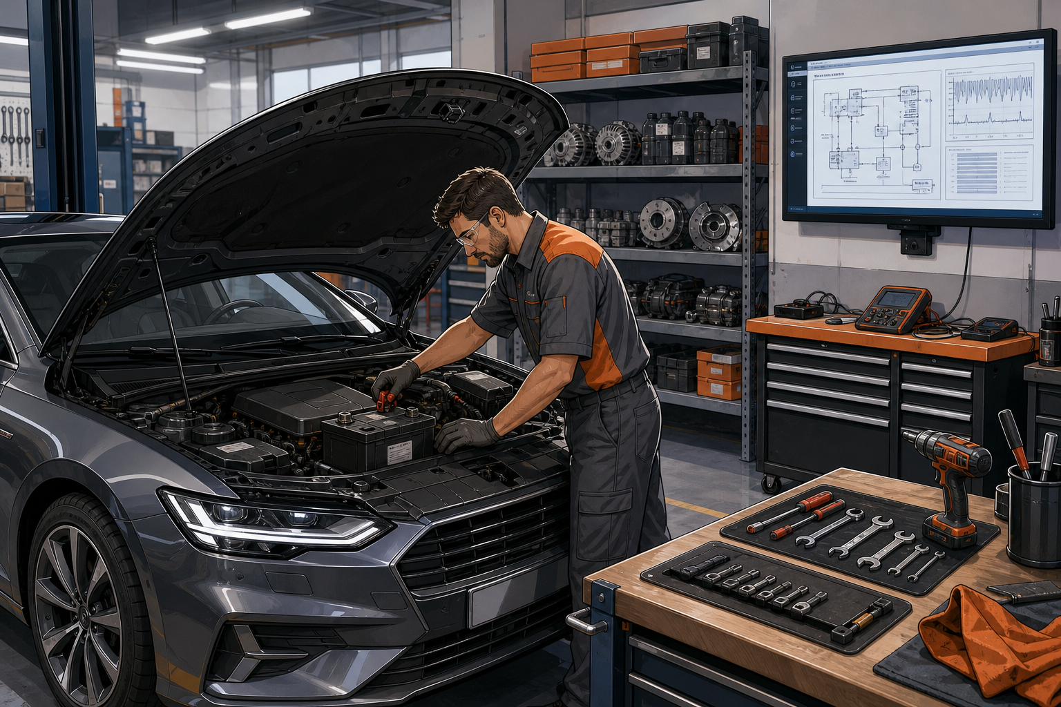 tech working under hood of car
