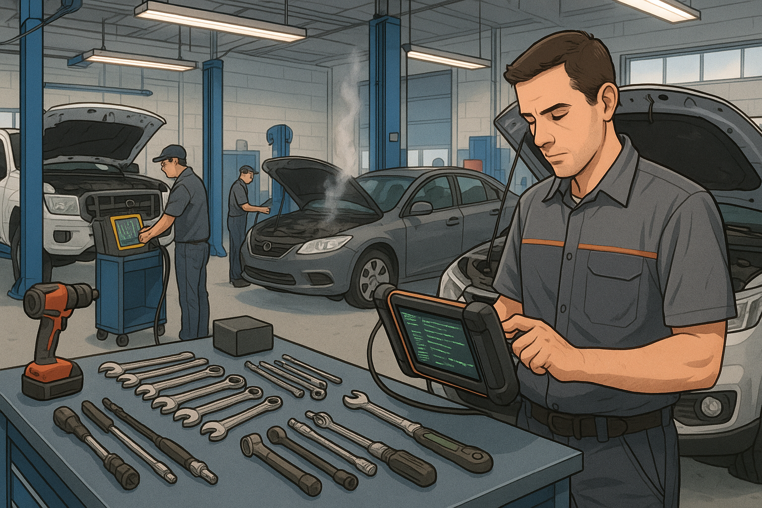 auto technician using scanning tool