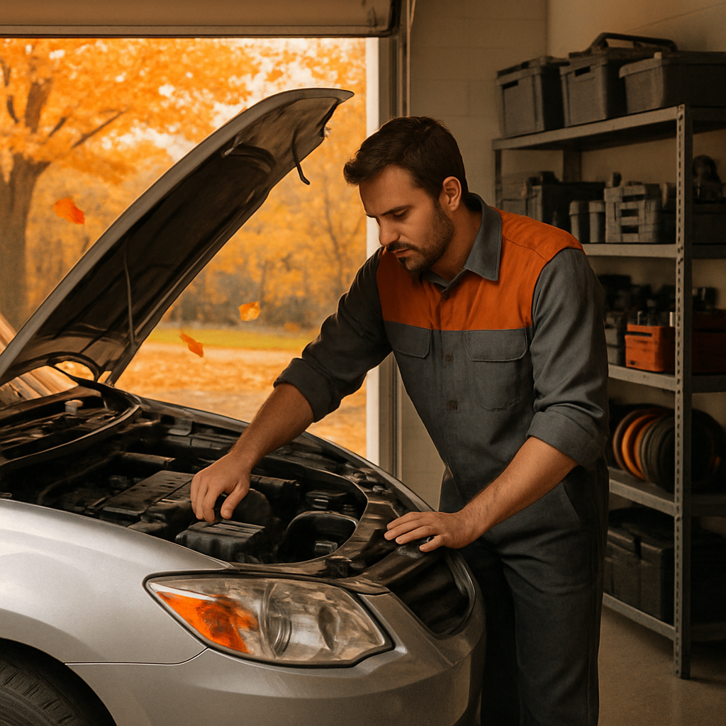 mechanic checking under the hood of a car