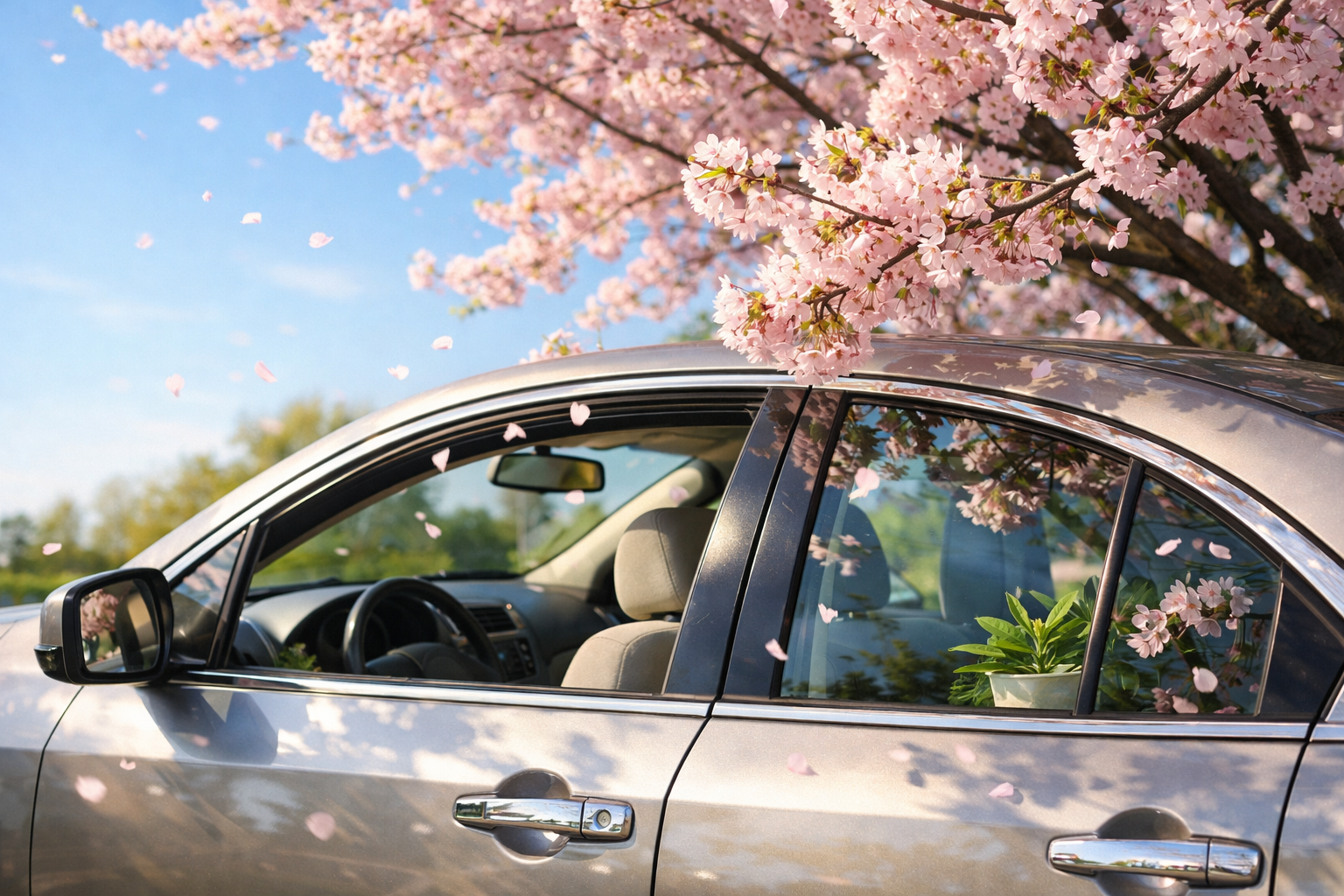 springtime car with windows down trees flowering