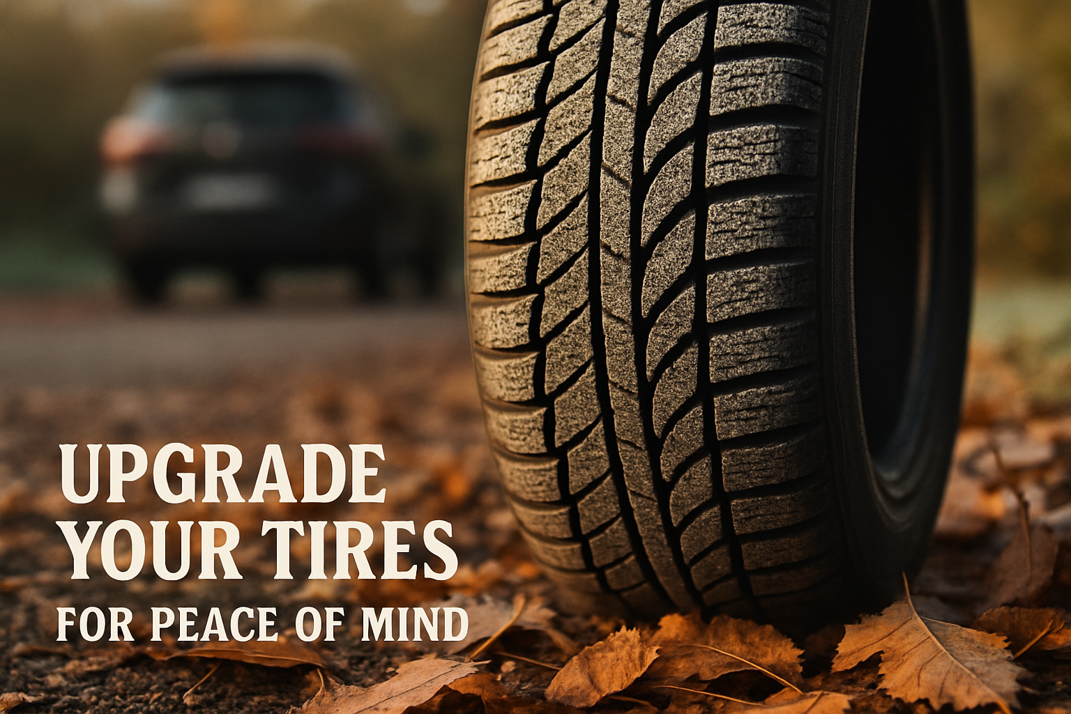 close up of tire on a leaf covered ground emphasizing the tread with caption