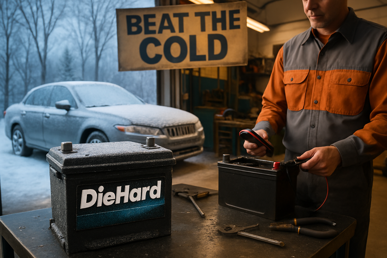 an auto technician testing an old battery with a new diehard battery ready to replace