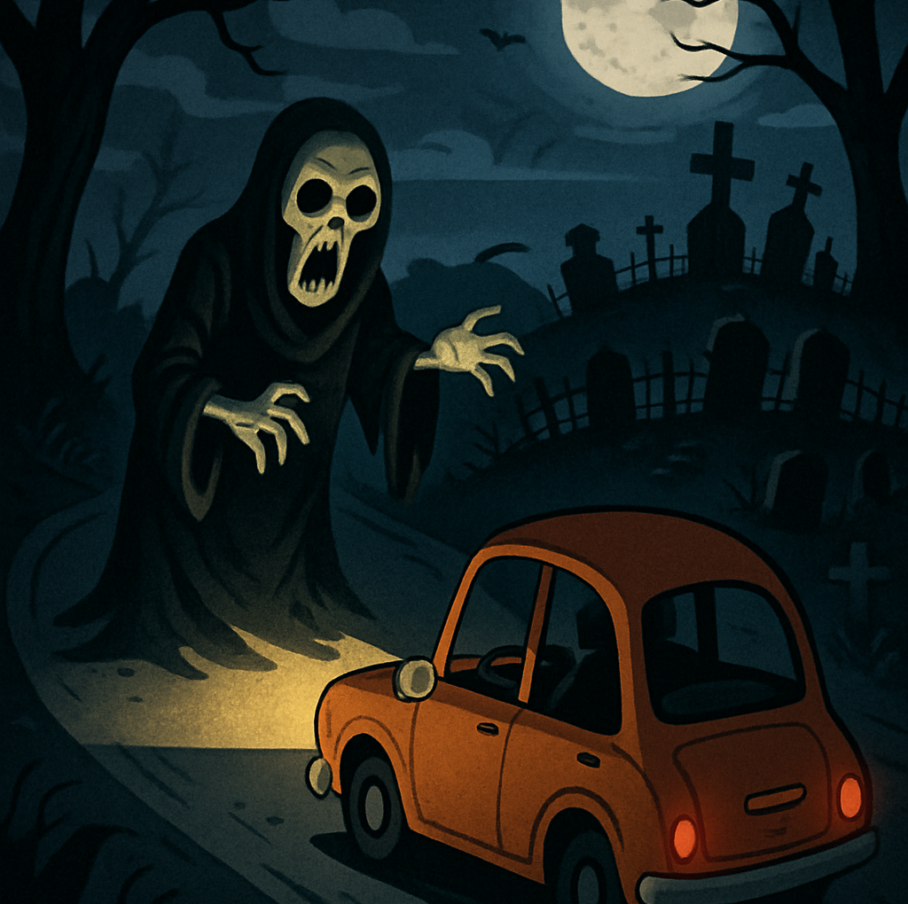 night scene of a car on a dark road the headlights show a skeleton type figure