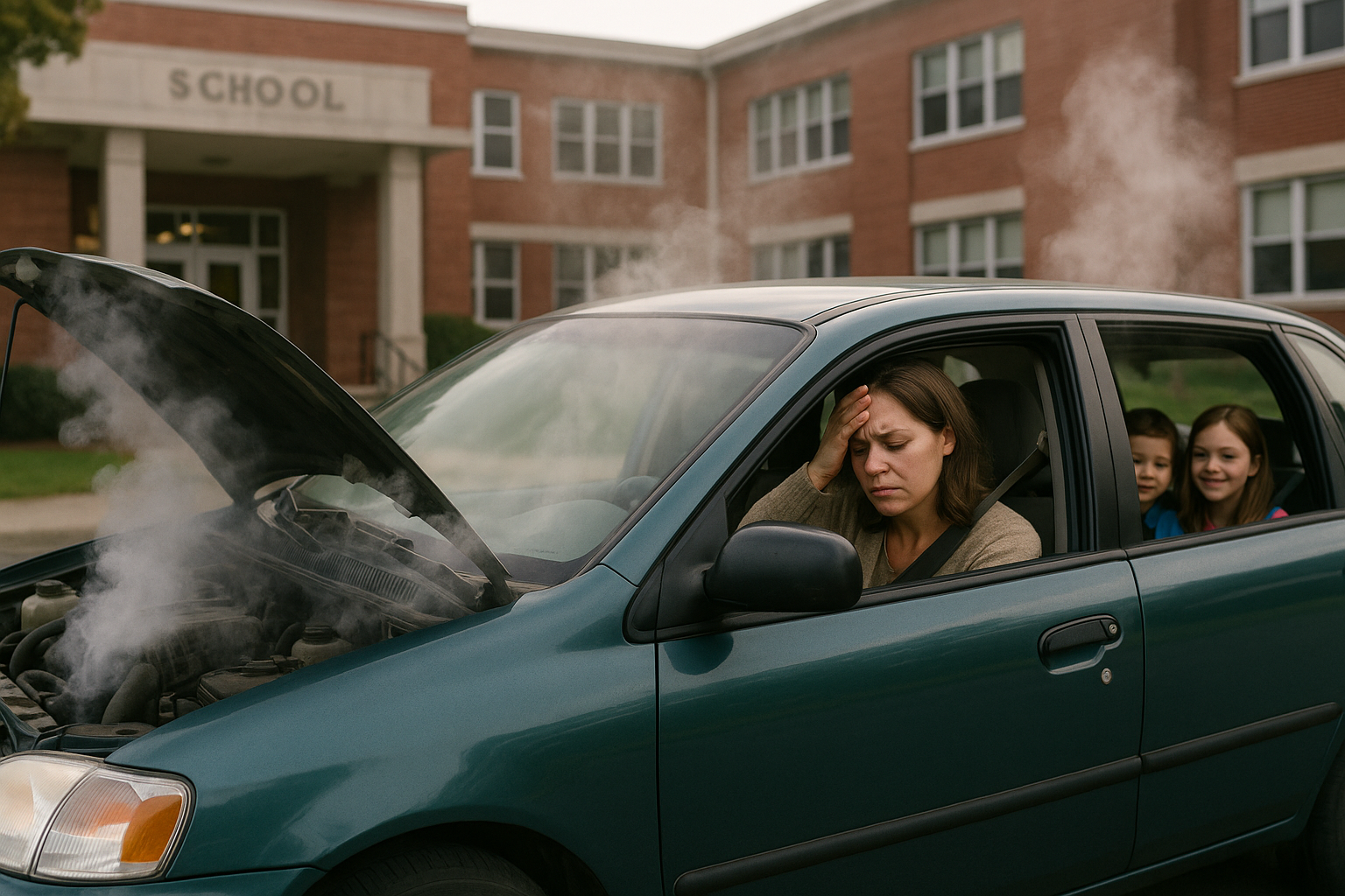 mom in car overheating in front of school