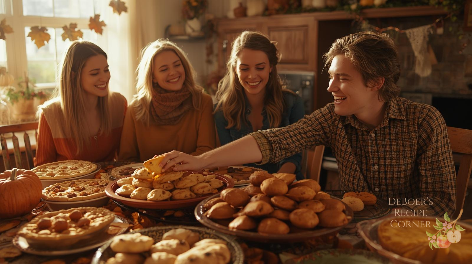 adult siblings gathering around table with baked items