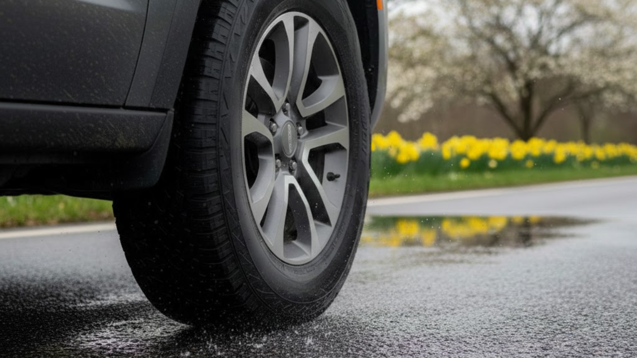 car driving with daffodils in background