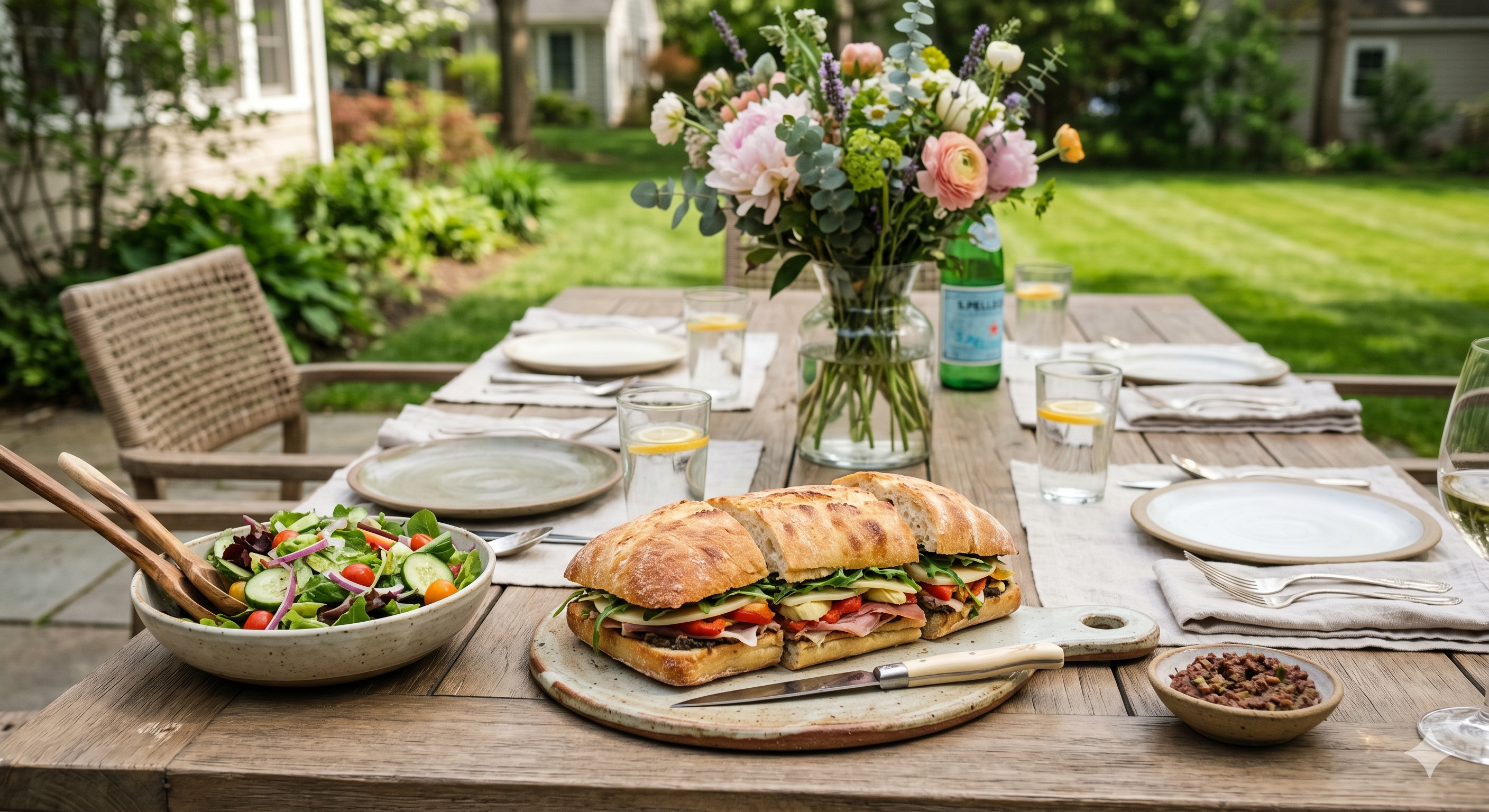 a delicious Ciabatta sandwich and salad on a picnic table set for Mother's day lunch