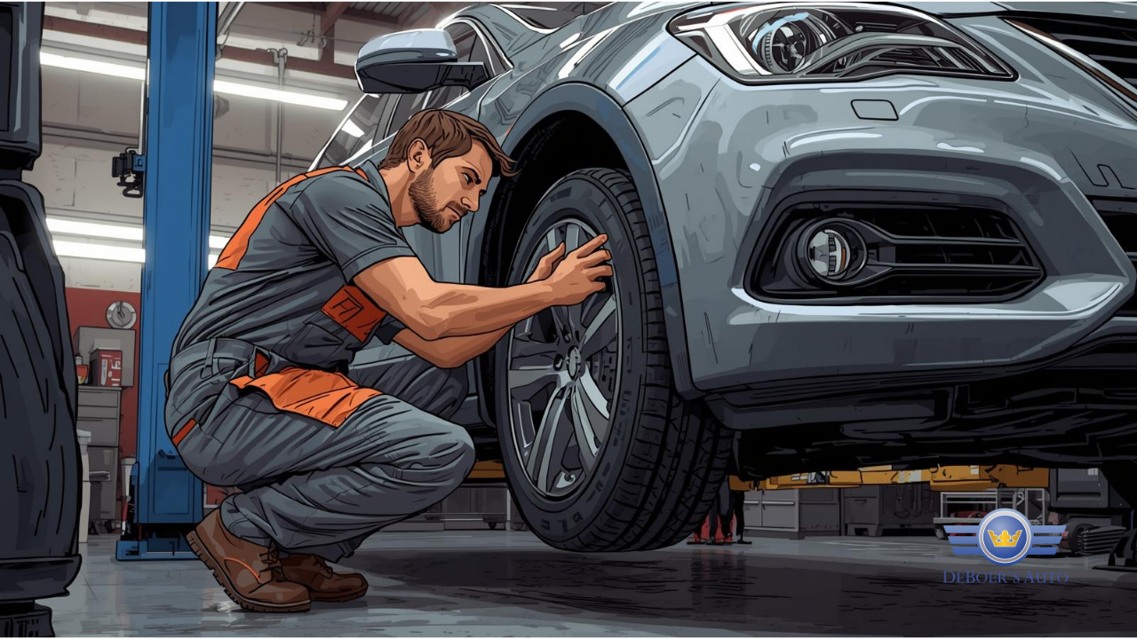 auto repair technician inspecting tire